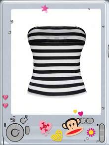 Paul Frank X ROMWE 女士条纹字母印花休闲百搭抹胸上衣，适合约会和外出穿着 - 黑與白 - 查看 9