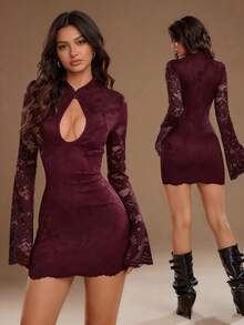 TRNVIE Summer Burgundy Autumn Elegant Seductive Night Out Lace Bodycon Dress,Vintage Mandarin Collar Hollow Out Flare Sleeve, Cocktail Party Dresses - Burgundy - View 8