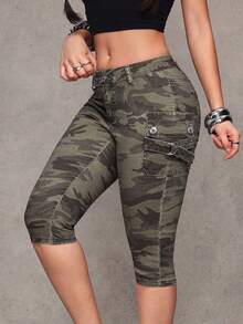 Jeanoix Y2K 时尚低腰工装口袋迷彩七分紧身牛仔裤 - 彩色 - 查看 6