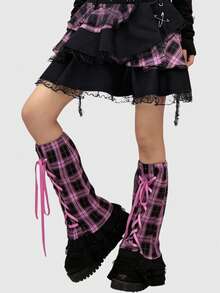 ROMWE Kawaii 1 双 Y2K 朋克粉色和格子蝴蝶结蕾丝拼接腿套，适合女孩乐队成员街头服饰，时尚腿套 - 粉色 - 查看 4