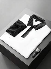 Manfinity Homme Men's Contrast Stripe Print Button Casual Short Sleeve Polo Shirt, Summer - White - View 4