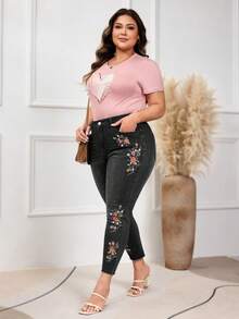 EMERY ROSE Mature Denim Plus-Size Women's Autumn/Winter Embroidered Retro Washed Denim Jeans - Dark Grey - View 6