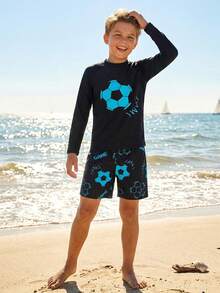 SHEIN Tween 男童休闲紧身夜光篮球印花 2 件装分体泳衣套装，适合春夏海滩度假 - 藍色 - 查看 2