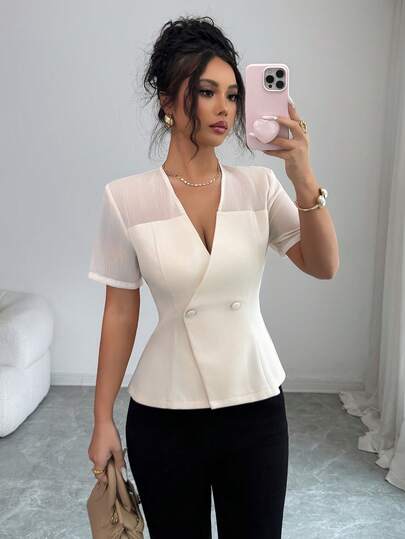 Elenzga Women's V-Neck Color Block Casual Versatile Commuting Short Sleeve Shirt