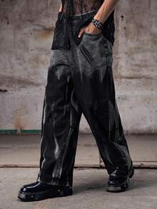 Skyrend 1 件男士美式复古嘻哈牛仔裤，高街个性化水洗阔腿休闲宽松街头风裤子，垃圾摇滚 - 黑色 - 查看 1