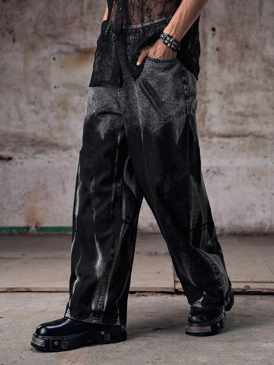 Skyrend 1 件男士美式复古嘻哈牛仔裤，高街个性化水洗阔腿休闲宽松街头风裤子，垃圾摇滚 - 黑色 - 查看 1
