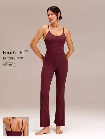 GLOWMODE FeatherFit™ Low-Cut Neck 70's Flare Jumpsuit Low Impact Yoga Studio Black Jumpsuit Summer Jumpsuit Elegant Jumpsuit Jumpsuits For Woman