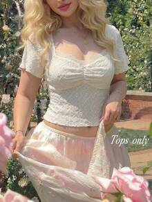 SHEIN MOD 夏季针织提花纹理T恤，胸前褶皱蕾丝边短袖，舒适大码女式上衣，学院风、休闲风、甜美风，杏色 - 杏色 - 查看 7