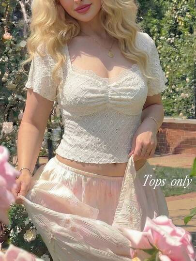 SHEIN MOD Áo thun dệt kim jacquard mùa hè, tay ngắn, xếp ly ngực, viền ren, thoải mái, cỡ lớn dành cho nữ, phong cách sinh viên, thường ngày, ngọt ngào, màu mơ.