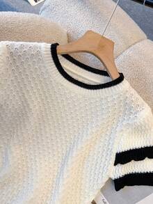 GlowEve Áo thun nữ tay ngắn cổ tròn, hai lớp, kiểu dáng ôm sát, thời trang độc đáo, dành cho mùa xuân/hè. Hàng mới về. - Đen và trắng - Xem 5