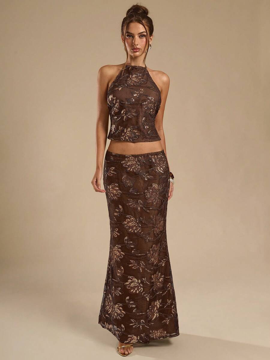 SHEIN BAE Váy đuôi cá lấp lánh thêu sequin dành cho nữ, thích hợp cho kỳ nghỉ. - màu nâu - Xem 1