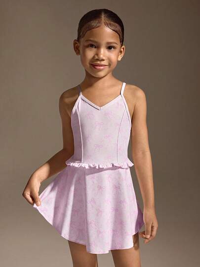 Mono de ropa deportiva para niñas, estampado digital con lazo dulce, falda deportiva con pantalón corto incorporado, falda de tenis, vestido de fitness y yoga