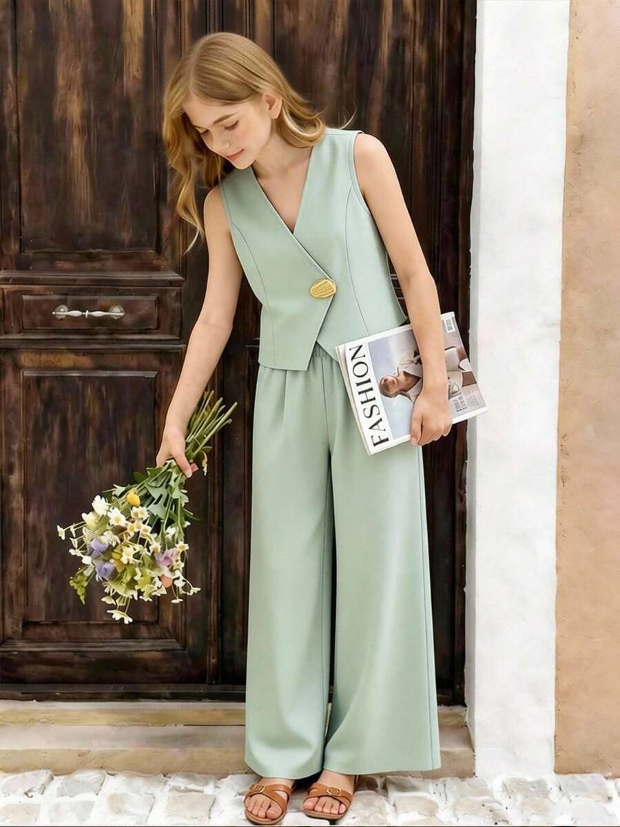 SHEIN 女童休闲牛仔背心裤套装，基础款V领无袖上衣搭配宽松直筒牛仔裤，适合春、夏、秋季海滩、度假、休闲聚会和节日穿着。 - 綠色 - 查看 1