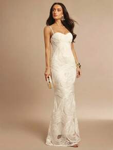 Silquee Cream White,Summer,Elegant,Wedding Guest Embroidered Wave-Patterned Bra-Detail Slim-Fit Mermaid Dress,Formal Party Graduation Luxurious Evening Gown - Apricot - View 4