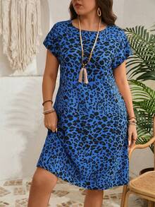 EMERY ROSE Gaun Kasual Lengan Pendek Motif Leopard Ukuran Besar, Fesyen Minimalis untuk Pakaian Sehari-hari, Pakaian Liburan Wanita, Musim Panas - Royal Blue - View 5