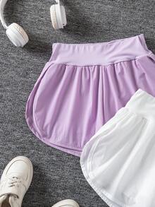 SHEIN 2条装少女休闲宽松舒适百搭高腰短裤，适合夏季跑步、运动、户外活动 - 彩色 - 查看 6