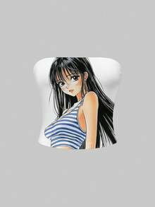 ROMWE Anime Áo croptop trắng in hình nhân vật hoạt hình dễ thương theo phong cách vintage Y2K, gợi cảm. - trắng - Xem 5