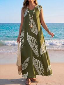 Sylviya Đầm maxi nữ màu xanh rêu quân đội, chất liệu vải dệt, phong cách boho, cổ chữ V, không tay, họa tiết lông vũ ngẫu nhiên và xẻ tà, kiểu dáng thường ngày. - xanh quân đội - Xem 4
