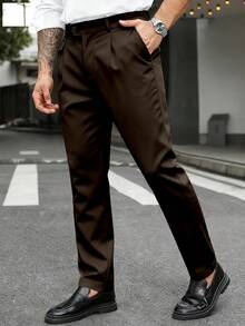Manfinity Mode Pantalones informales de unicolor para hombres de talla grande, formales - Café integral - Ver 3