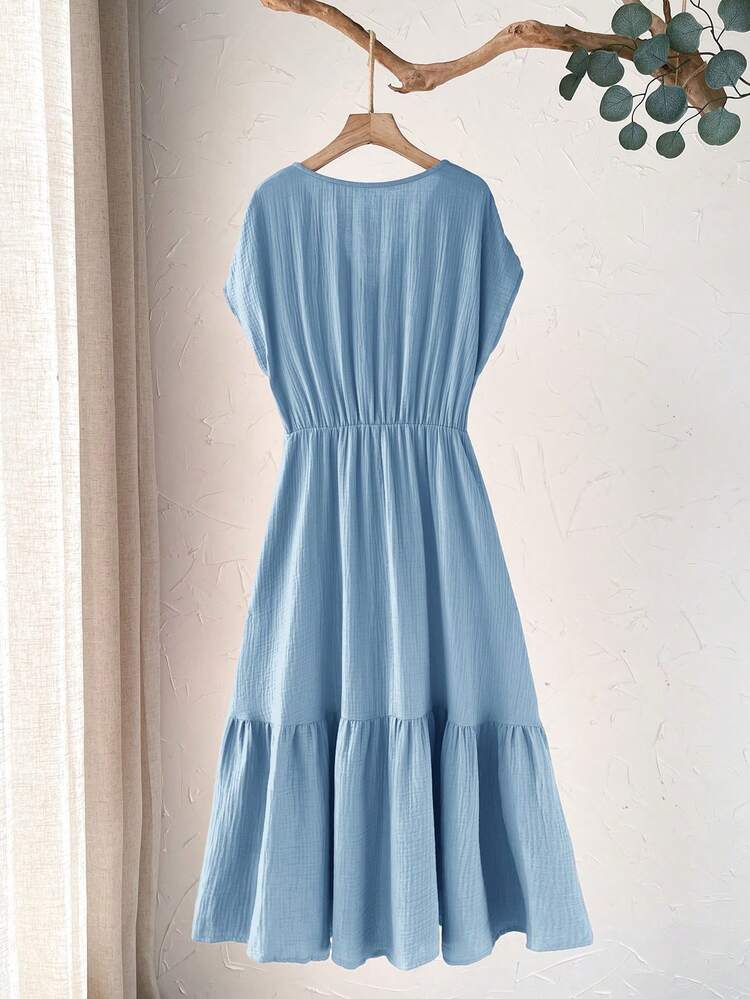 Plus Size Women's Summer Casual Vacation Country   Short Sleeve Solid Color Blue Mid-Length Dress, Comfortable & Relaxed,Plus Size Women's Summer Casual Vacation Country Short Sleeve Solid Color Mid-Length Dress, Comfortable & Casual/Summer,Comfortable And Breathable,Summer Holiday,Spring Break Outfits ,Vacation Outfits Women ,Holiday Outfits For Women,Going Out Outfits,2026 New Clothes,Simple And Fashionable For Everyday Wear,Casual Dresses For Women,Flowy Dress ,Suitable For Summer, Vacation, Commute, Daily Wear Cottagecore Dress Solid Color Dress,Vacation, Daily Wear, Festival Outfits For Women,Country Concert Outfit,Beach Outfits For Women,Western Style