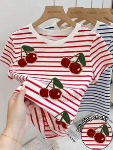 Women's Summer Short Sleeve Striped Cherry Print T-Shirt, Summer Clothing - Multicolor - View 3