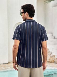 Mercer Haus 男士轻薄商务休闲几何条纹Polo衫，夏季 - 藏蓝色 - 查看 3