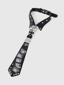 Betty Boop | ROMWE 1件 Betty Black Y2K朋克风铆钉拉链金属骷髅头字母印花男女通用领带，哥特暗黑系配饰，独特个性化装饰 - 黑與白 - 查看 3