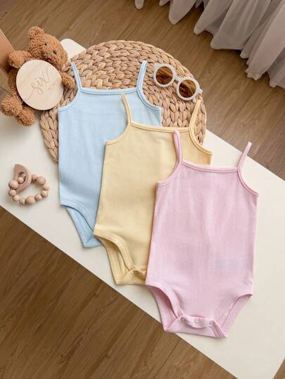 SHEIN 3pcs/Set Casual Solid Color Knit Spaghetti Strap Romper For Baby Girl