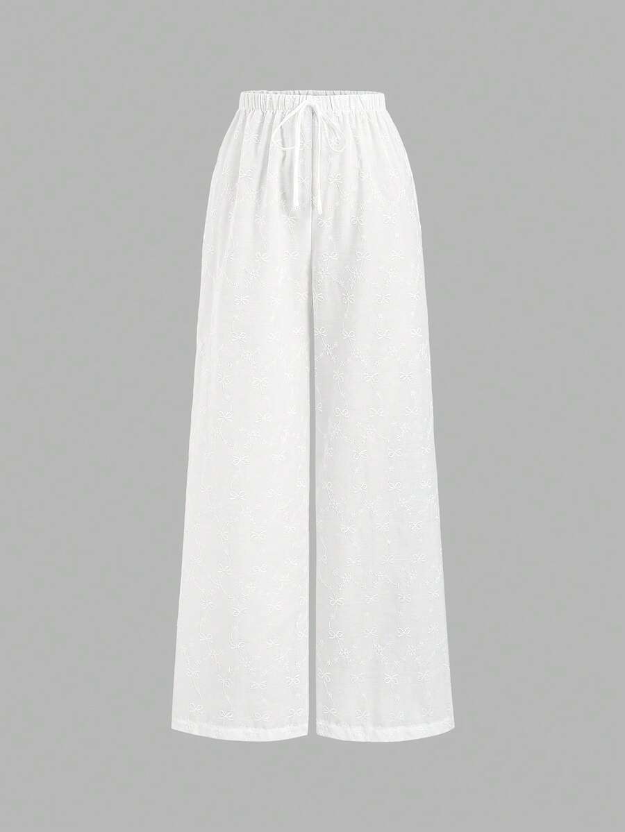 Sweetra Women's New Bowknot Embroidery Hollow Out Fabric Cute White Pants, Suitable For Spring, Summer, Autumn, Daily Wear, Commuting, Dating - White - View 1
