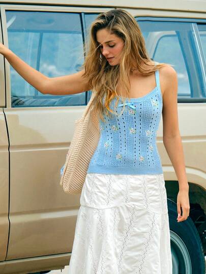 WESTFADE 花卉刺绣圆领镂空针织上衣