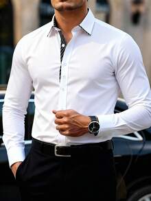 Manfinity Mode Men's Casual Striped Patchwork Front Button Long Sleeve Shirt, Autumn - White - View 1