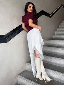Marta Soriano 女士优雅刺绣撞色蕾丝不对称半身裙，春夏款 - 杏色 - 查看 5