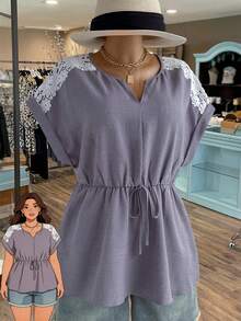 Rusticease Blusa casual versátil de uso diario con volantes y ribete de encaje para mujer de talla grande - Gris - Ver 1