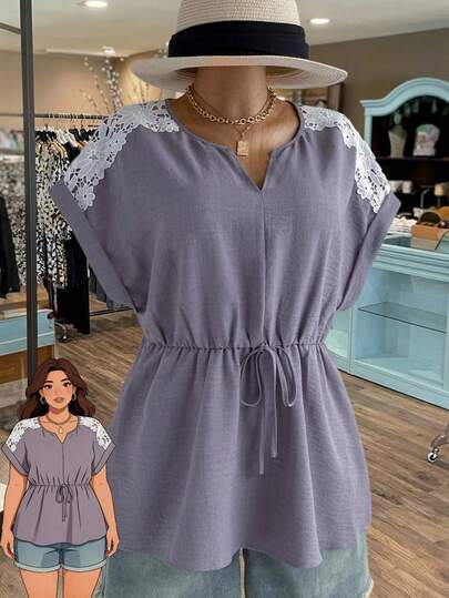 Rusticease 大码女式蕾丝边荷叶边休闲百搭日常上衣