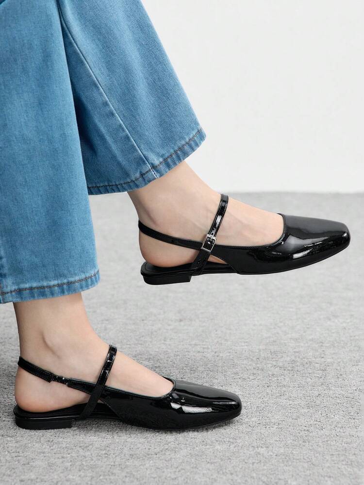 CUCCOO BIZCHIC Women's Casual Soft Bottom One-Strap Buckle Decor Square Toe Flat Shoes, Suitable For Spring & Autumn