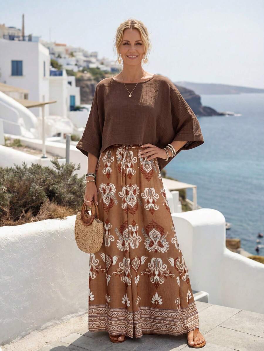 Faunlyn 两件套女装：纯色圆领不对称下摆上衣和印花半身裙，棕色印花阔腿裤，波西米亚风上衣和裤子，波西米亚风两件套连衣裙，波西米亚风女装，波西米亚风休闲长裙，棕色大码连衣裙，度假装，休闲女裙，休闲女裙 - 彩色 - 查看 1