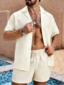 Horizaway Conjunto de camisa de manga corta con botones delanteros de unicolor y pantalones cortos para vacaciones de verano para hombre - Albaricoque - Ver 4