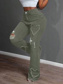 Jeanoix 大码女式牛仔风蓝色弹力爱心刺绣破洞喇叭牛仔裤，秋季穿搭 - 綠色 - 查看 6