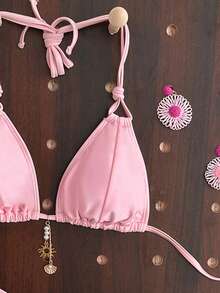 Swim Mod Women's Pink Summer Sensual Beach Holiday Shiny Fabric Halter Neck Triangle Top With Metal Pendant Decor And Triangle Bottom Swimwear Set,Sweet Cute - Pink - View 3