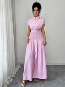 SHEIN Elenzya Women's Striped Pleated Casual Minimalist Dress, Suitable For Party And Outing - Pink - View 6