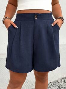 SHEIN LUNE CURVE Plus Size Women's Woven Casual Loose Comfy Shorts With Side Pockets, Navy Blue, Summer - Navy Blue - View 1