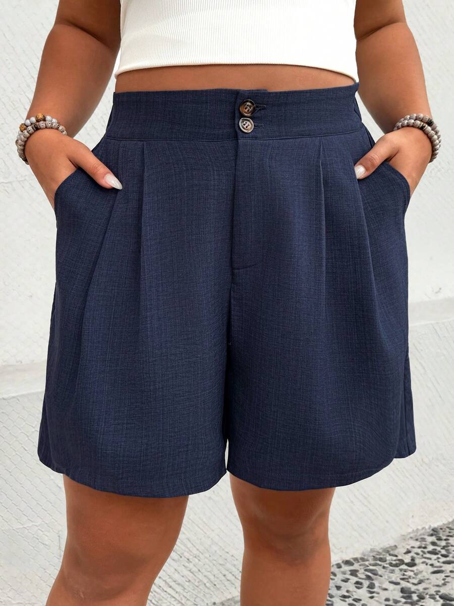 SHEIN LUNE CURVE Plus Size Women's Woven Casual Loose Comfy Shorts With Side Pockets, Navy Blue, Summer - Navy Blue - View 1