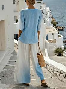 EMERY ROSE Woven Loose Dropped Shoulder Short Sleeve Top + Casual Side Pocket Straight Leg Pants - Blue and White - View 2