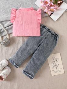 SHEIN 2pcs/Set Pakaian Bayi Perempuan Gaya Kasual Musim Semi & Musim Panas, Atasan Katun Murni & Celana Panjang Denim Bordir Bentuk Hati - Baby Pink - View 2