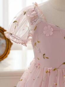 SHEIN Glamorique Kids 年轻女孩优雅迷人粉色可爱泡泡袖收腰奢华双层刺绣网纱蓬蓬裙 - 粉色 - 查看 7