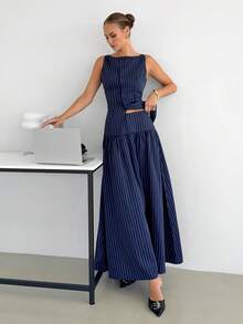 Siren Gaze 女士条纹休闲通勤百搭半身裙 - 藏蓝色 - 查看 3