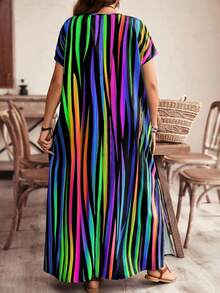 EMERY ROSE Plus Size Women's Dark Green Striped Color Block Maxi Long Beach Dress,Boho Summer Vacation Zebra Print Outfits,Spring Floral Bohemian Clothing - Multicolor - View 2