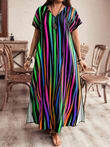 EMERY ROSE Plus Size Women's Dark Green Striped Color Block Maxi Long Beach Dress,Boho Summer Vacation Zebra Print Outfits,Spring Floral Bohemian Clothing - Multicolor - View 4