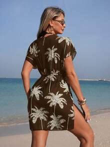 Swim Lushoire Women's Palm Tree Print V-Neck Cover-Up Dress, Vacation - Brown - View 2