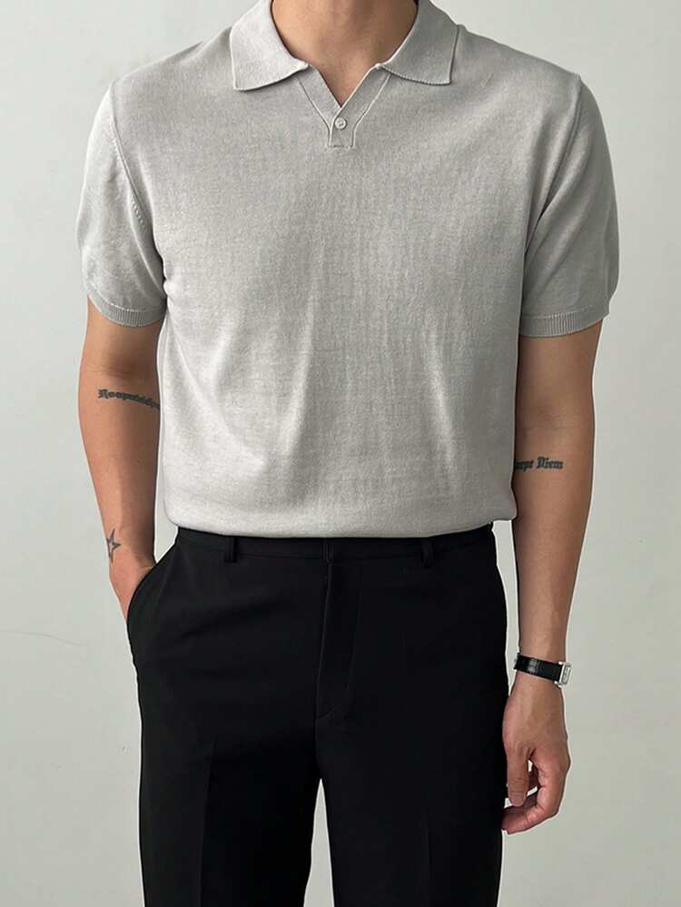Men's Grey Polo Collar Short Sleeve Solid Color Knit Top, Commuting